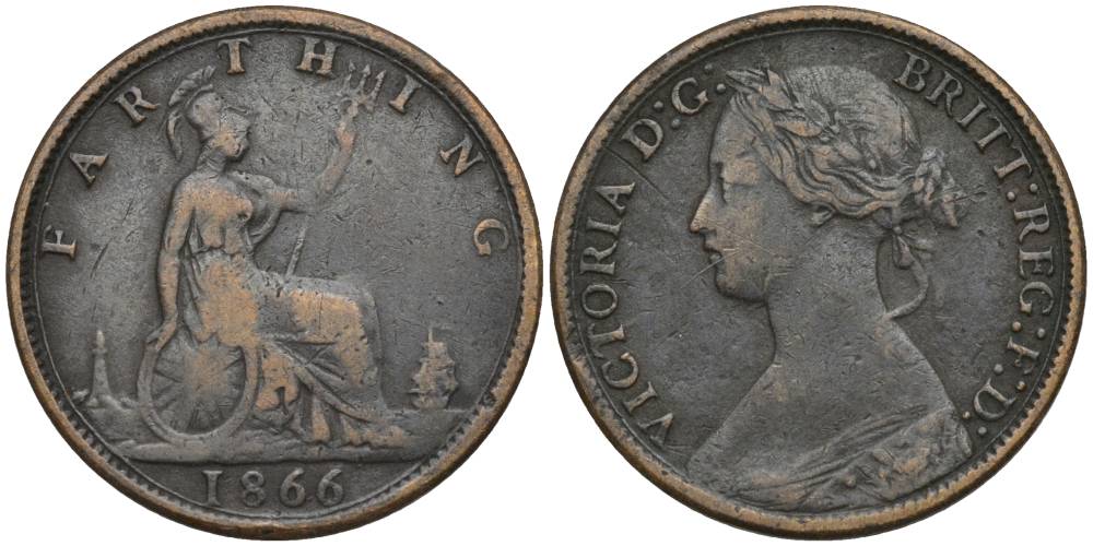 Великобритания 1 фартинг 1866 Виктория (1837-1901) KM 747.2, Spink 3958 бронза 4548-1057