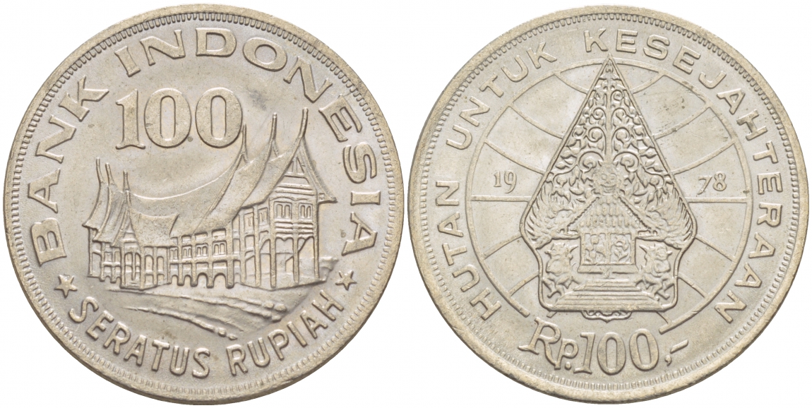 Индонезия 100 рупий 1978 хижина Минангкабау, легендарное дерево жизни KM 42 медно-никель UNC 4545-1032