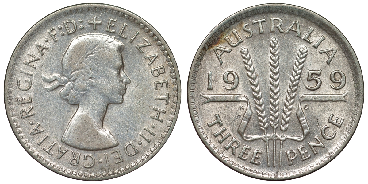 Австралия 3 пенса 1959 m, Елизавета II (1952-2022) KM 57 серебро 71-568