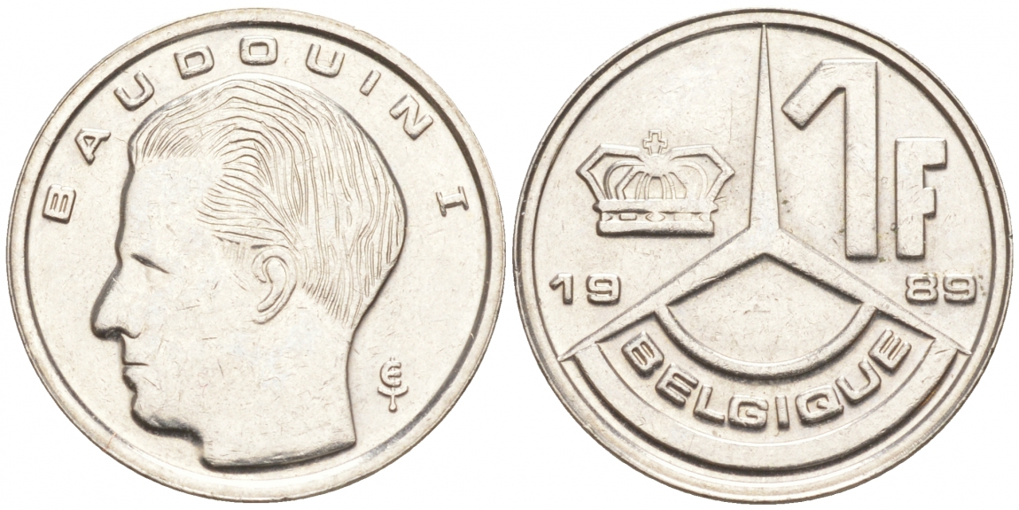 Бельгия 1 франк 1989 Belgique, Бодуэн I (1951-1993) KM 170 железо плакированное никелем 214-855