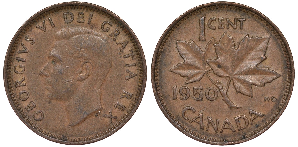 Канада 1 цент 1950 Георг VI (1937-1952), кленовый лист KM 41 бронза 4164-261