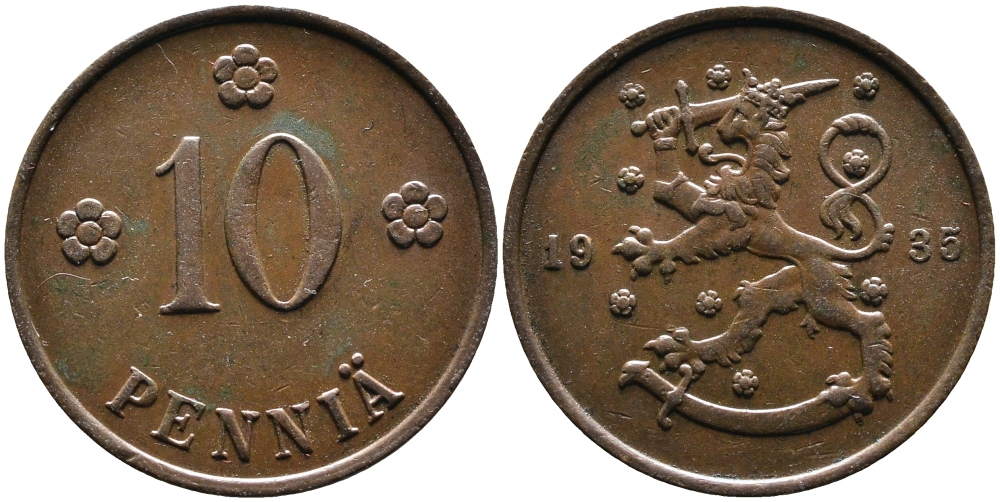 Финляндия 10 пенни 1935 республика (1918-1962) KM 24 медь 4388-537