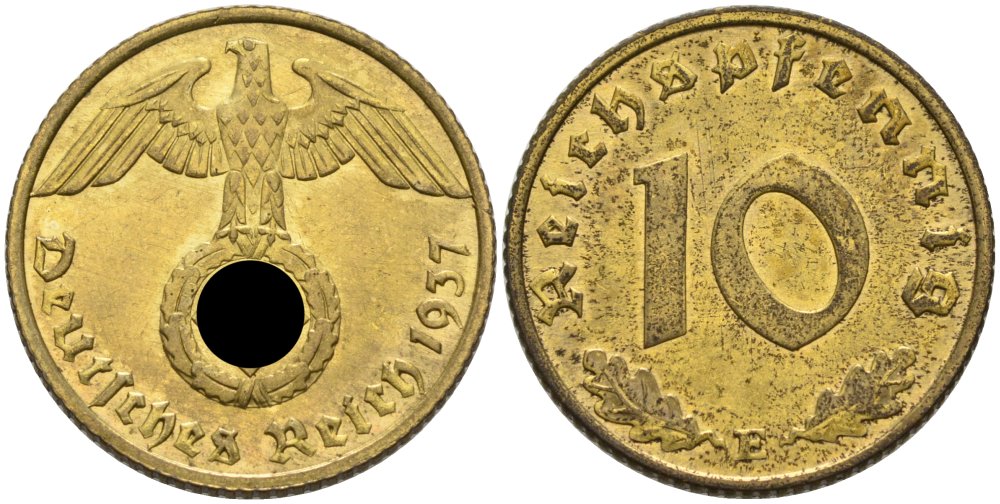 Германия 10 рейхспфеннигов 1937 E KM 92, J. 364 алюминиевая бронза 4575-544