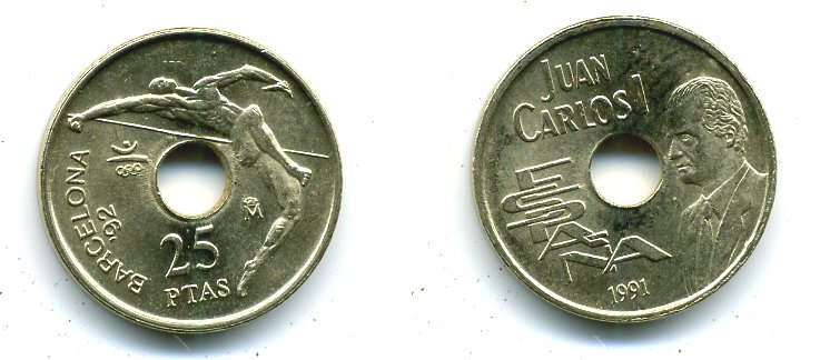 Испания 25 песет 1991 Олимпийские игры в Барселоне 1992 года, прыжки в высоту, Хуан Карлос I (1975-2014) KM 851 никель бронза 51-5236