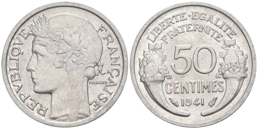 ФРАНЦИЯ 50 САНТИМОВ 1941 ТИП MORLON LOURDE KM 894.1a, LE FRANC 193.2 алюминий 44-268