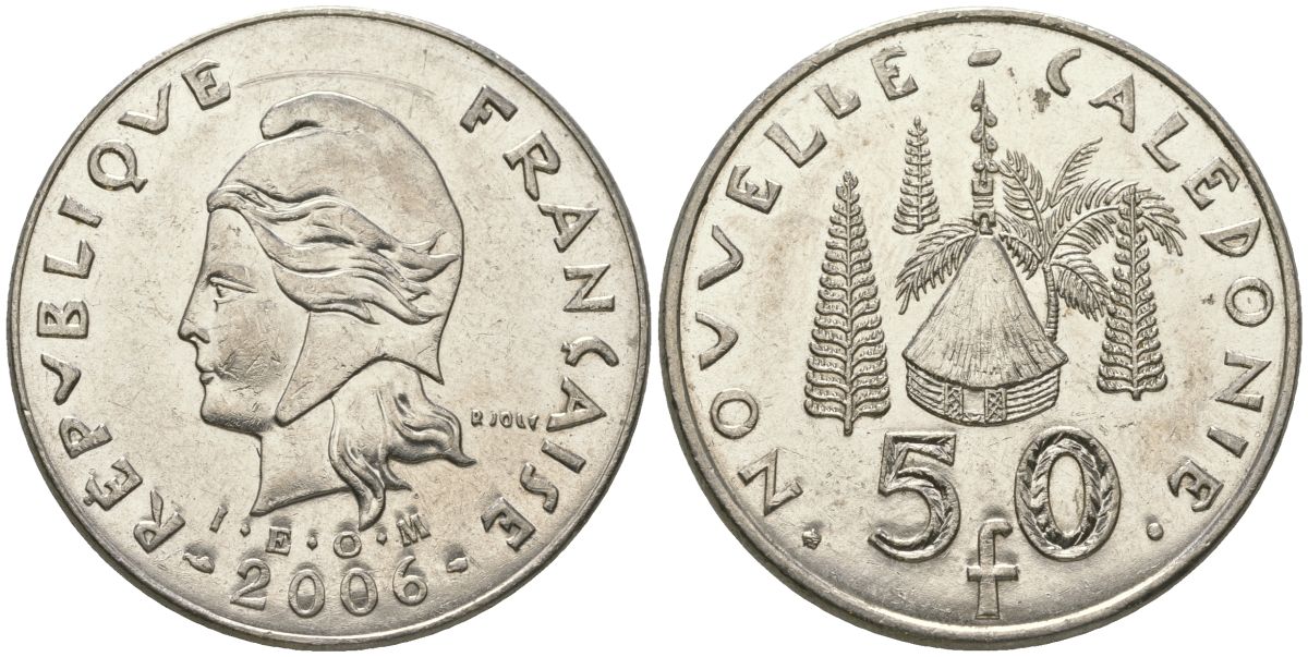 Французская Новая Каледония 50 франков 2006 хижина среди сосен и пальм, (IEOM) KM 13a, Schoen 15a, Lec 128i медно-никель 114-113