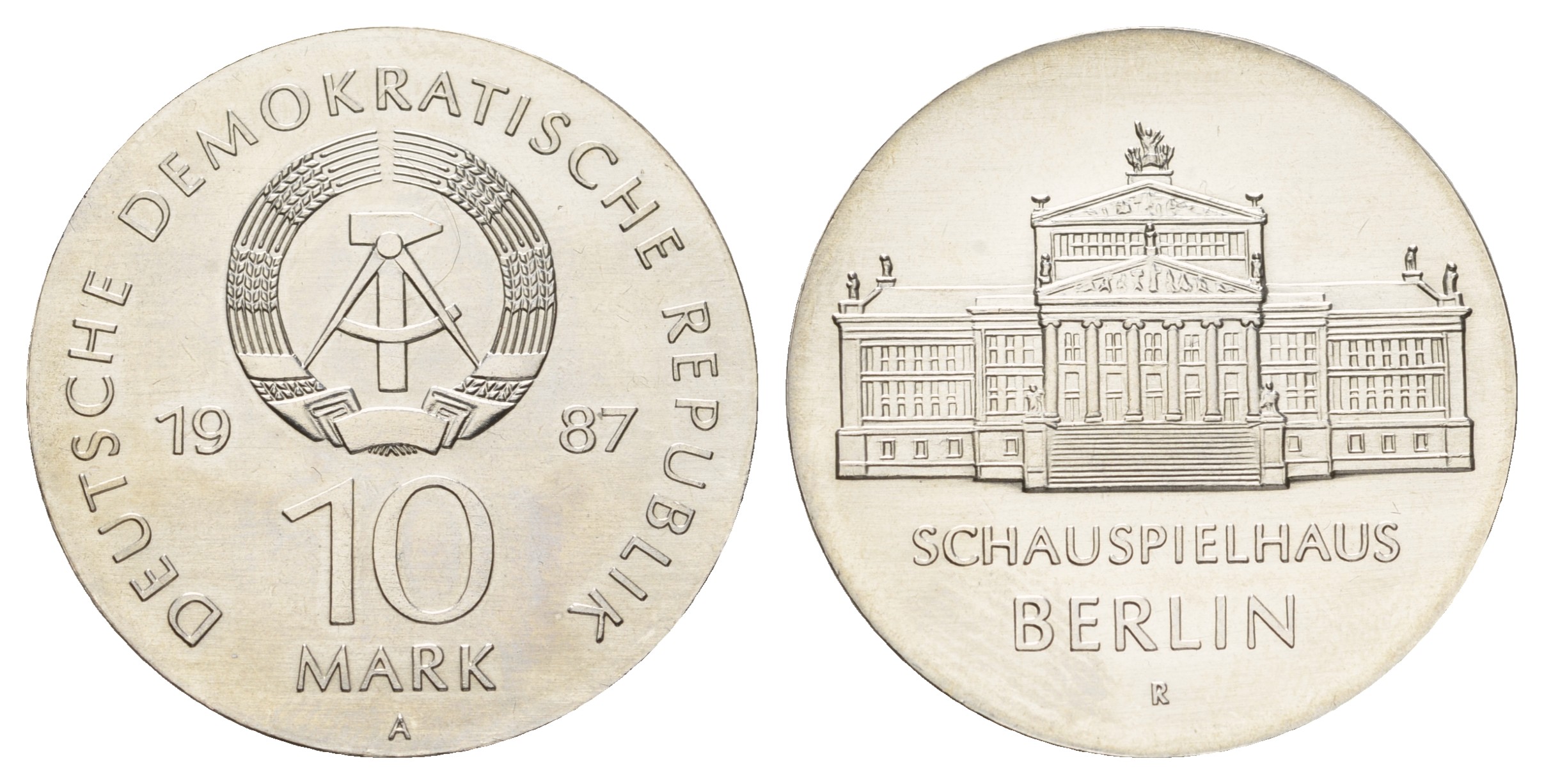 ГДР 10 марок 1987 A, 750 лет Берлину – Драматический театр KM 118 серебро  UNC  1099-3-62