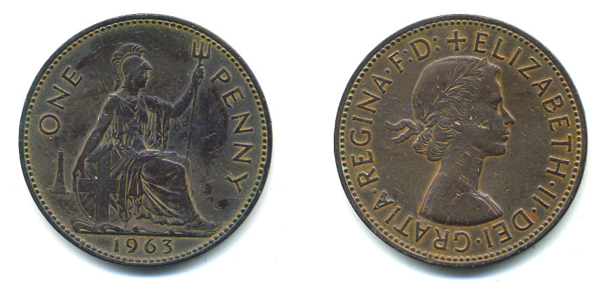 Великобритания 1 пенни 1963 Елизавета II (1952-2022) KM 897, Spink 4157 бронза 25-522