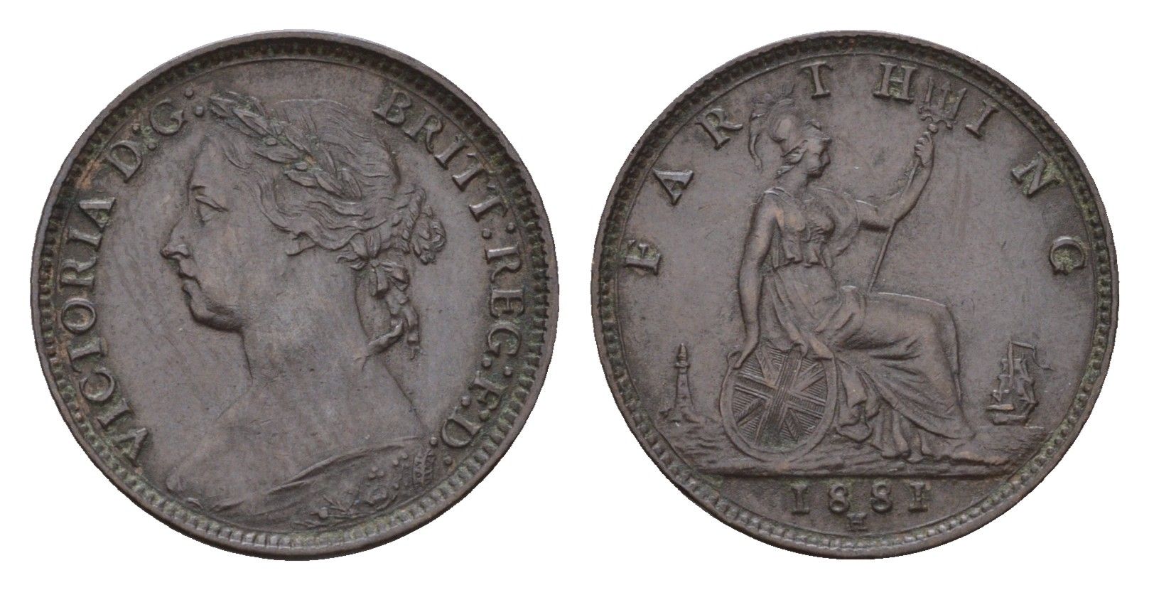 Великобритания 1 фартинг 1881 H, Виктория (1837-1901) KM 753, Spink 3959 бронза 603-1523