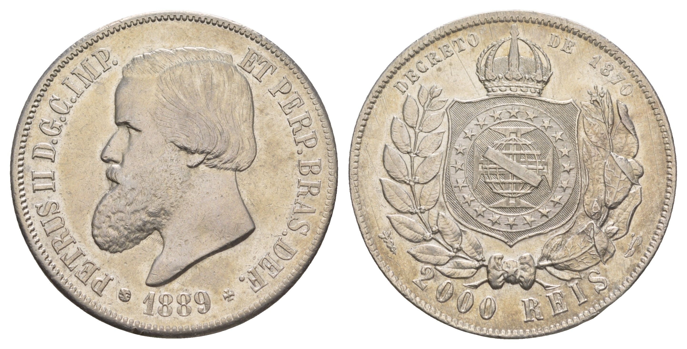 Бразилия 2000 реалов (рейсов) 1889 Педро II (1831-1889) KM 485 серебро 1520-514