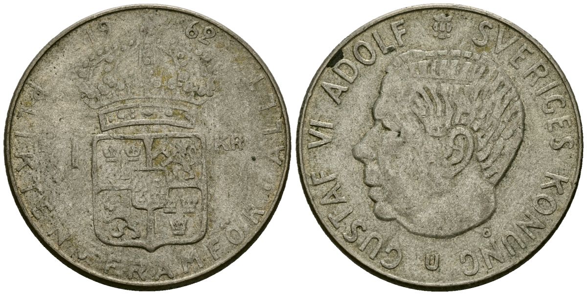 Швеция 1 крона 1962 U, Густав VI Адольф (1950-1973) KM 826 серебро 4177-1014