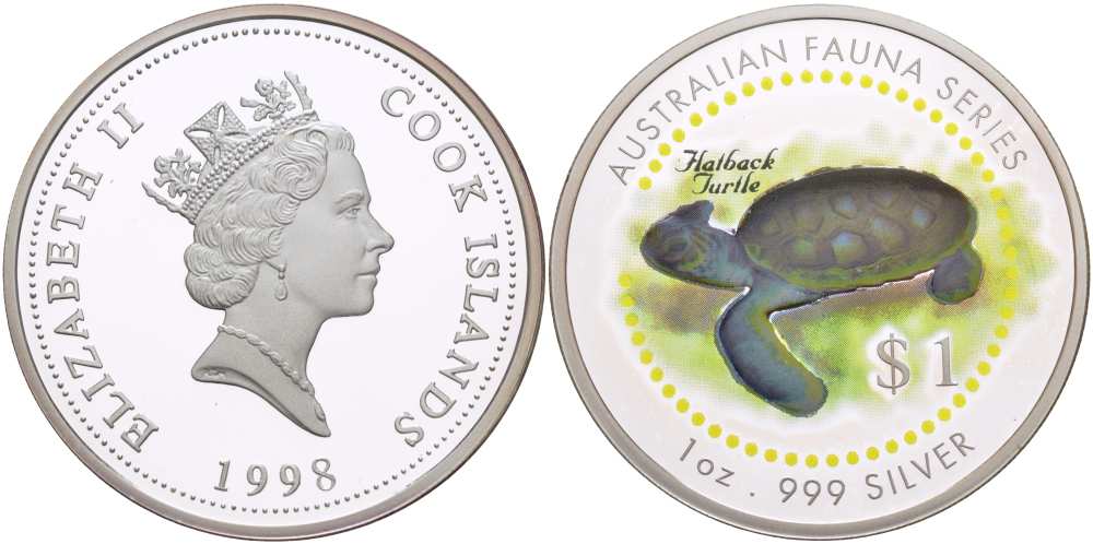 Острова Кука 1 доллар 1998 серия Австралийская фауна, морская черепаха, цветная эмаль KM 318 серебро  PROOF  00-00