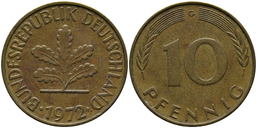 ФРГ 10 ПФЕННИГОВ 1972 G KM 108, J.383 сталь плакированная латунью 33-126