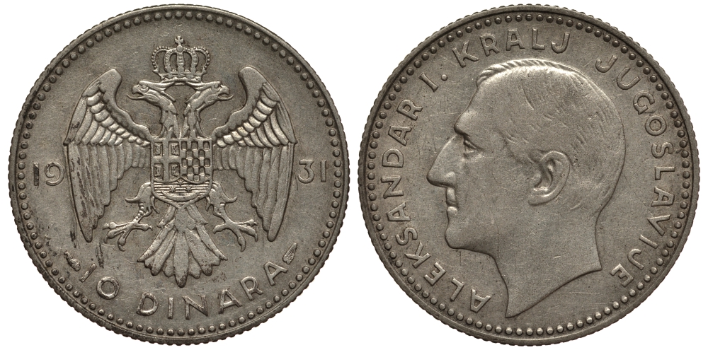 Югославия 10 динаров 1931 a, Александр I, монетный двор Париж KM 10 серебро  00-00
