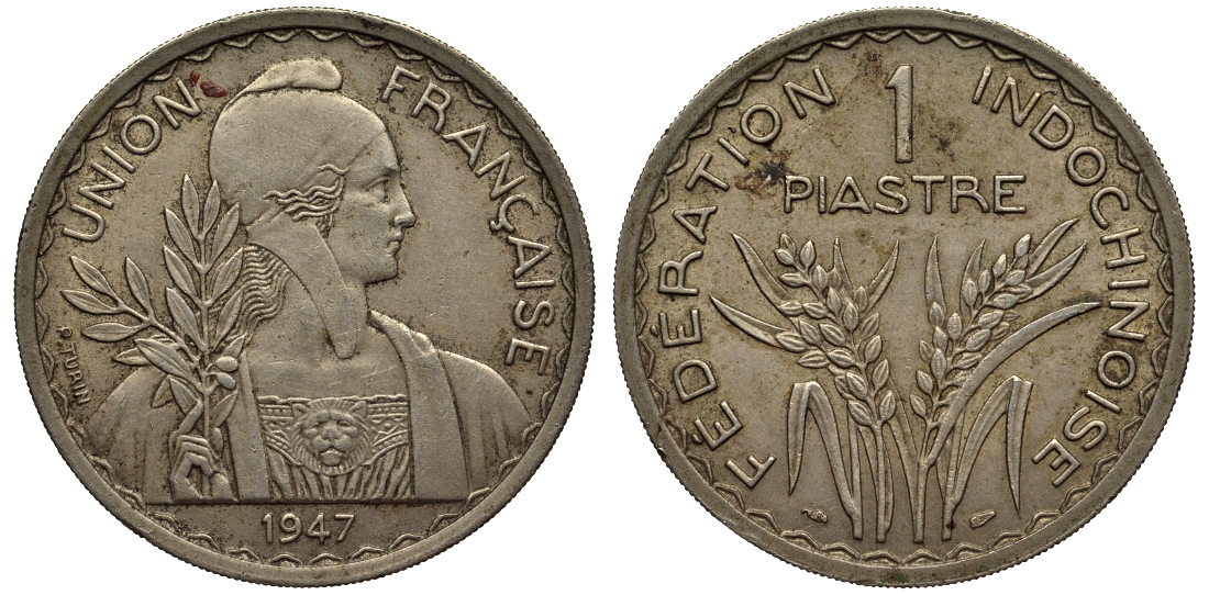 Французский Индокитай 1 пиастр 1947 а KM 32.2 медно-никель 4044-631