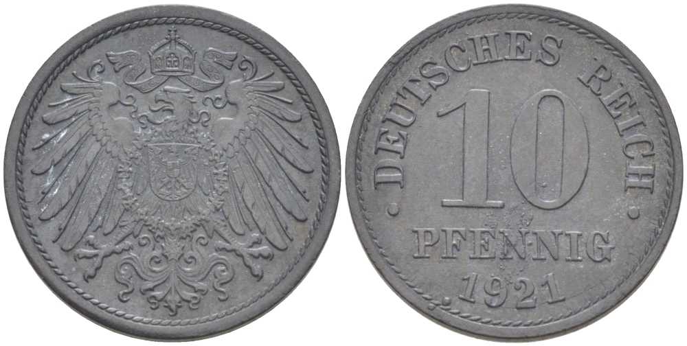 ГЕРМАНИЯ 10 ПФЕННИГОВ 1921 (1917-1922) KM 26, J. 299, Weege 8 цинк 210-235