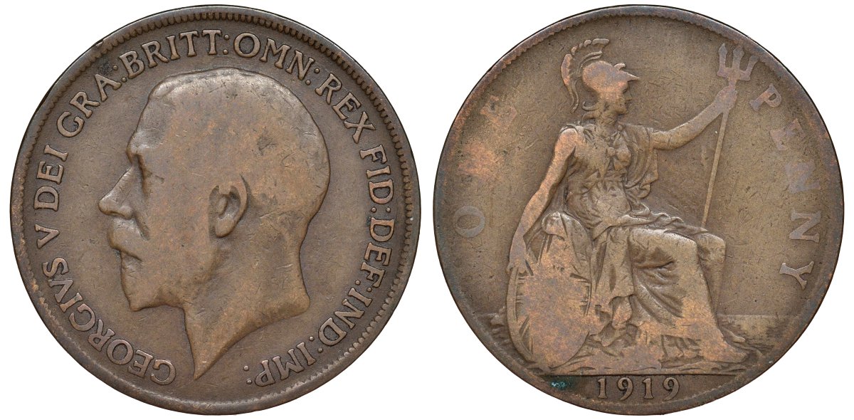 Великобритания 1 пенни 1919 Георг V (1910-1936) KM 810, Spink 4051 бронза 51-2311
