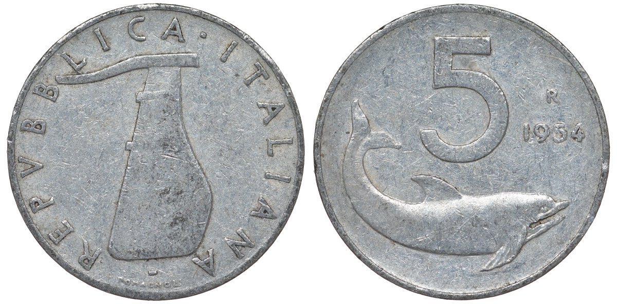 Италия 5 лир 1954 R, плуг, дельфин KM 92 алюминий 4122-111