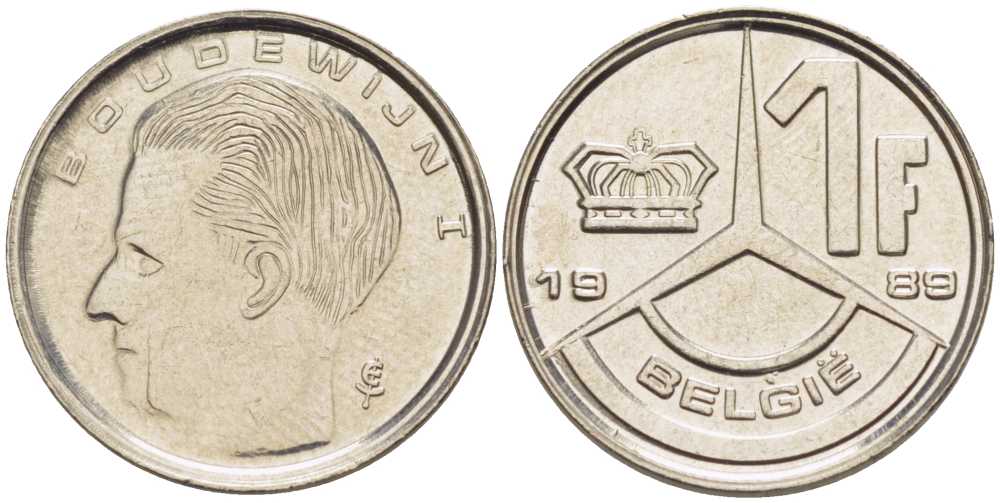 БЕЛЬГИЯ 1 ФРАНК 1989 BELGIE, БОДУЭН I (1951-1993) KM 171 железо плакированное никелем 206-224