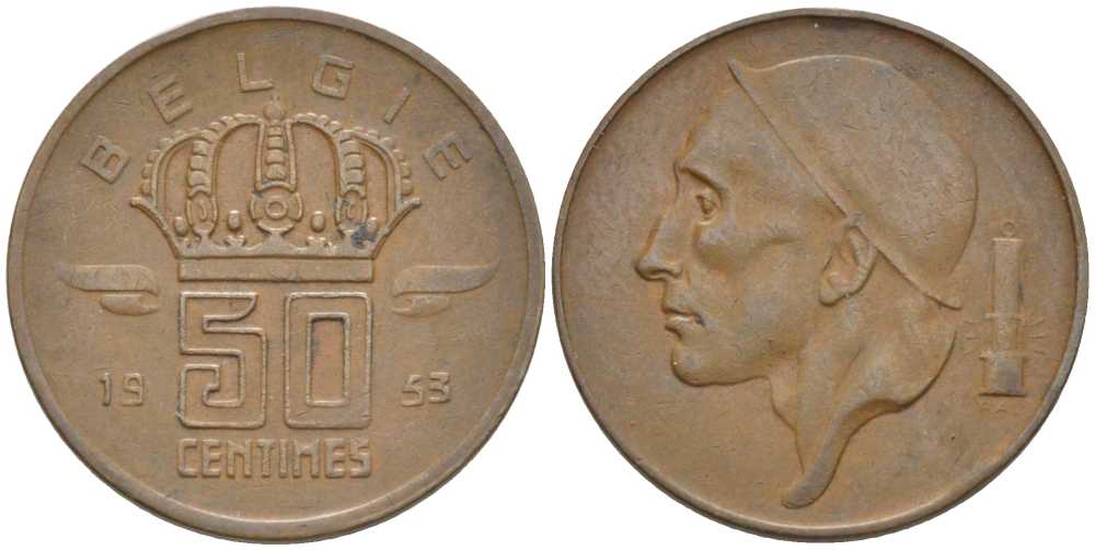 БЕЛЬГИЯ 50 САНТИМОВ 1953 BELGIE, БОДУЭН I (1951-1993) KM 145 бронза 116-964