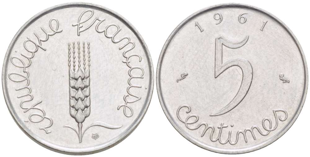ФРАНЦИЯ 5 САНТИМОВ 1961 ПЯТАЯ РЕСПУБЛИКА KM 927, LE FRANC 124.3 нержавеющая сталь 4516-819