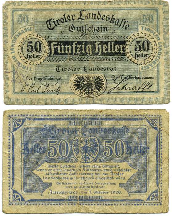 Австрия, Инсбрук 50 геллеров 1920 1 октября 1920, нотгельд, земля Тироль   бумага   8614-31-1-1