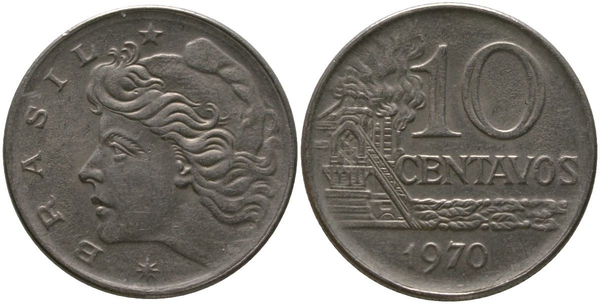 Бразилия 10 сентаво 1970 KM 578.2, Schon 83a нержавеющая сталь 4577-537