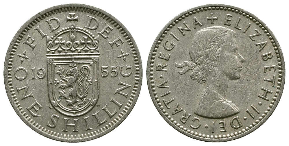 Великобритания 1 шиллинг 1955 Елизавета II (1952-2022), Шотландский герб KM 905, Spink 4148 медно-никель 4384-552