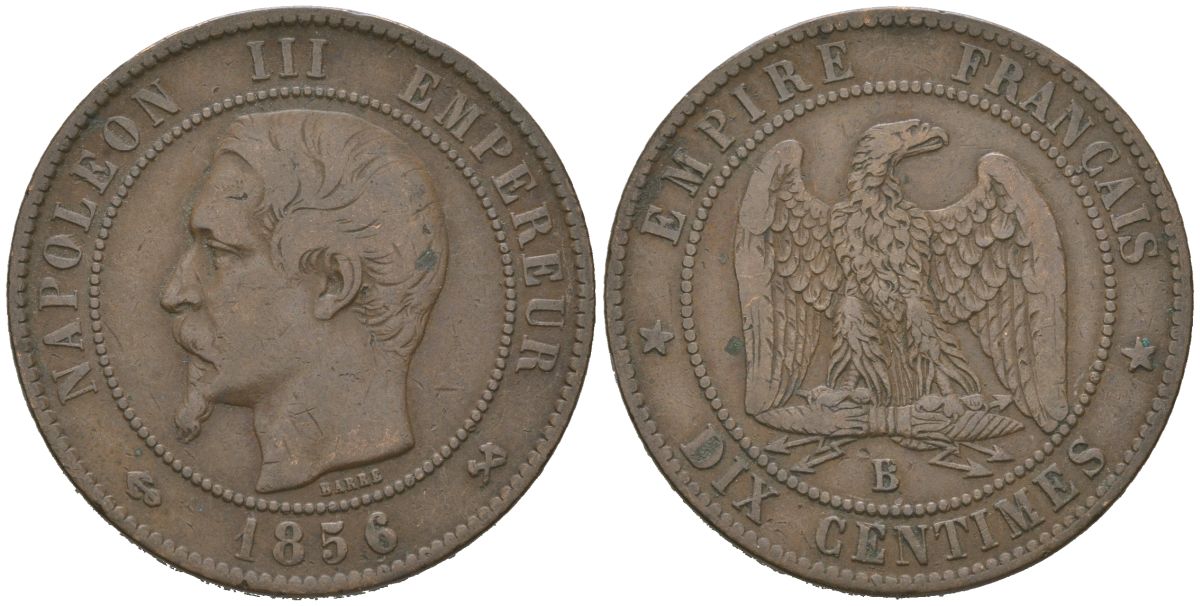 Франция 10 сантимов 1856 B, Наполеон III (1852-1870) KM 775 бронза 221-523