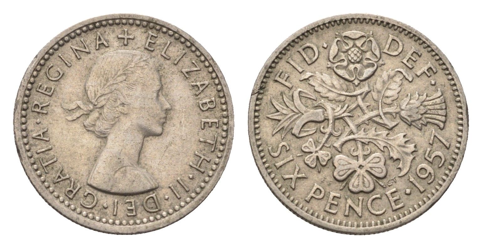 Великобритания 6 пенсов 1957 Елизавета II (1952-2022) KM 903, Spink 4149 медно-никель 4696-823