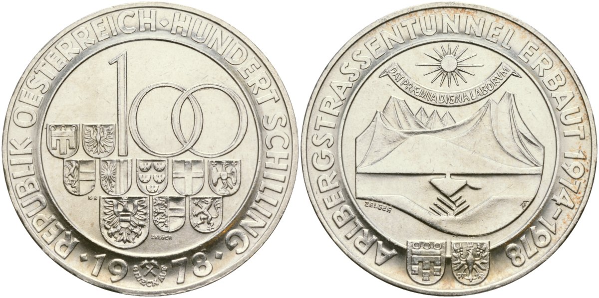 Австрия 100 шиллингов 1978 открытие Арльбергского тоннеля KM 2941 серебро UNC 02-118-45