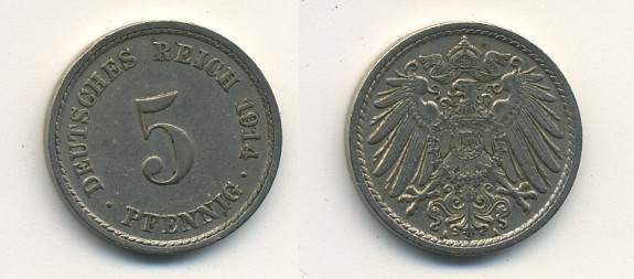 ГЕРМАНИЯ 5 ПФЕННИГОВ 1914 A, KM 11, J. 12 медно-никель 54-718