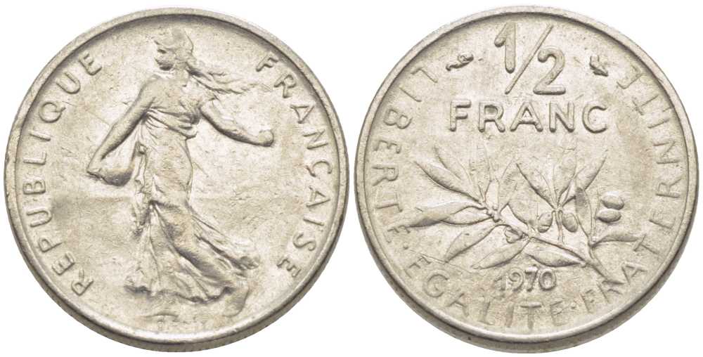 ФРАНЦИЯ 1/2 ФРАНКА 1970 СЕЯТЕЛЬ KM 931.1, LE FRANC 198.9 никель 175-936