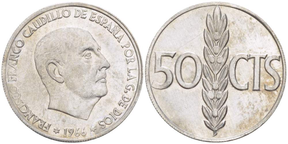 Испания 50 сентимо 1966 (68) Франсиско Франко (1939-1975) KM 795 алюминий 4523-845
