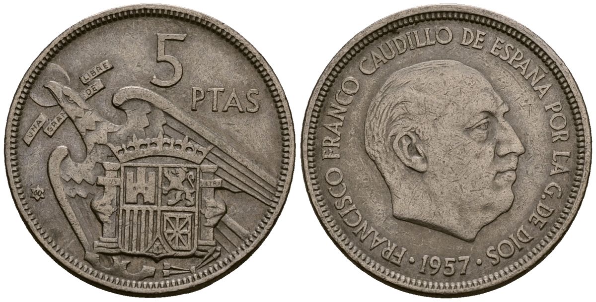 Испания 5 песет 1957 Франсиско Франко (1939-1975) KM 786 медно-никель 4176-447