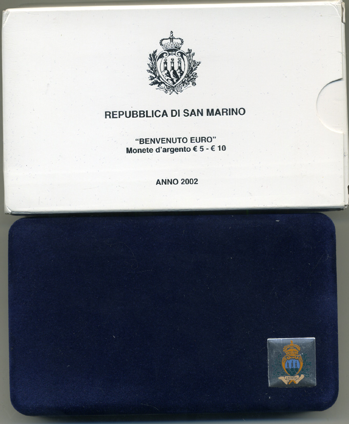 Сан-Марино набор 5 евро + 10 евро 2002 добро пожаловать евро, в оригинальной коробке, с сертификатом KM 448, 449 серебро PROOF 7-1-67