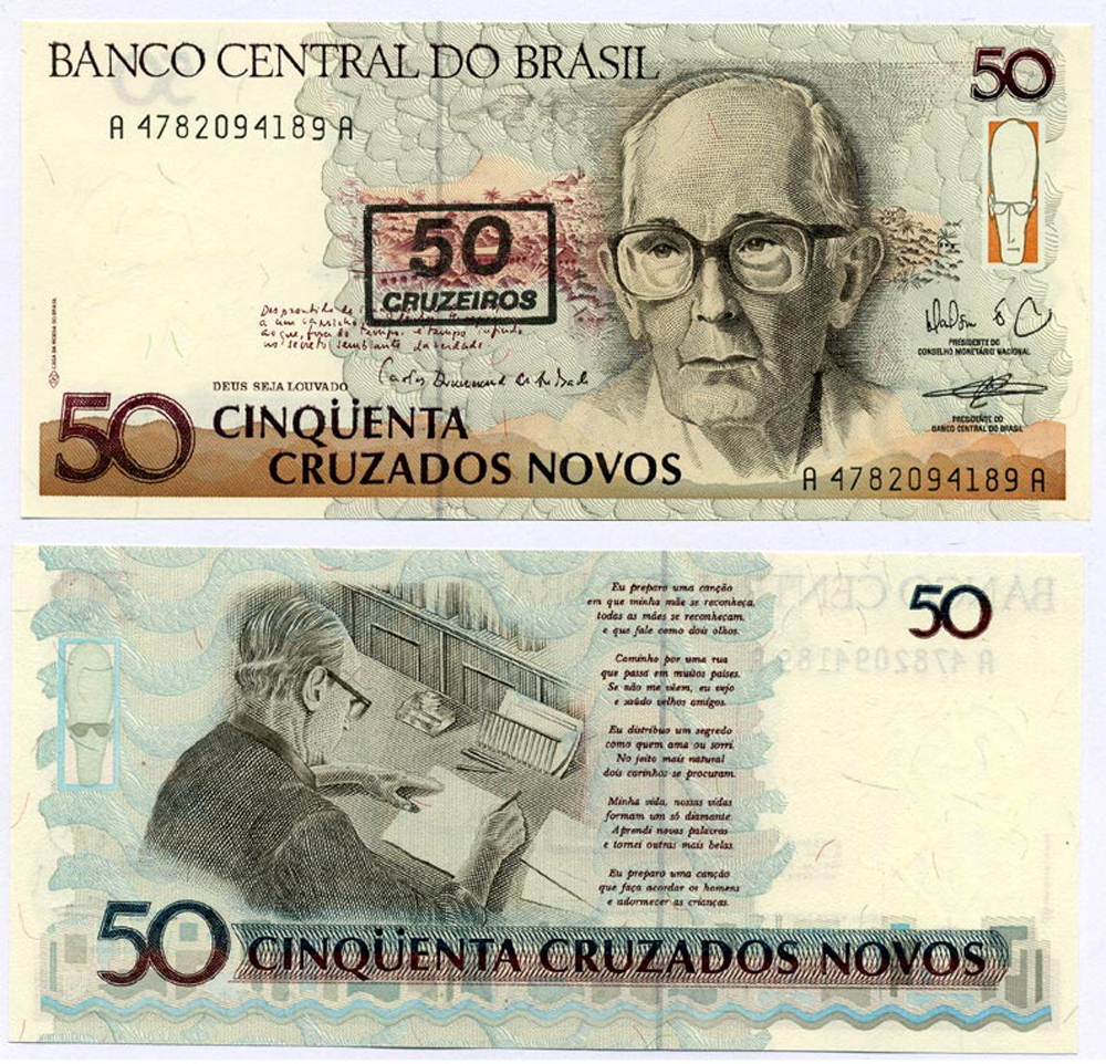 БРАЗИЛИЯ 50 КРУЗЕЙРО 1990 НАДПЕЧАТКА НА 50 КРУЗАДО НОВЫХ, КАРЛОС ДРУММОНД де АНДРАДЕ БРАЗИЛЬСКИЙ ПОЭТ Pick 223 бумага UNC (ПРЕСС) 8611-39-2-2