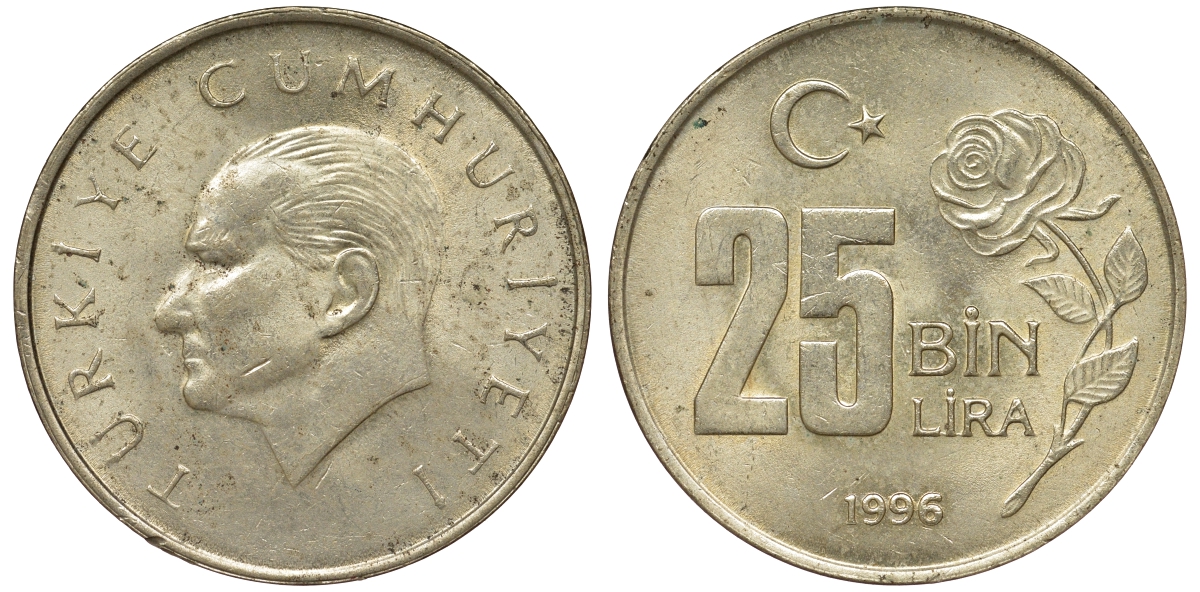 Турция 25000 лир 1996 Мустафа Кемаль Ататюрк KM 1041 медь никель цинк 62-617