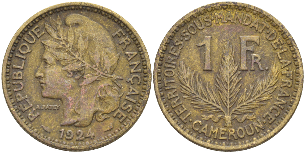 Французский Камерун 1 франк 1924 (а), монетный двор Париж KM 2 алюминиевая бронза 25-2115