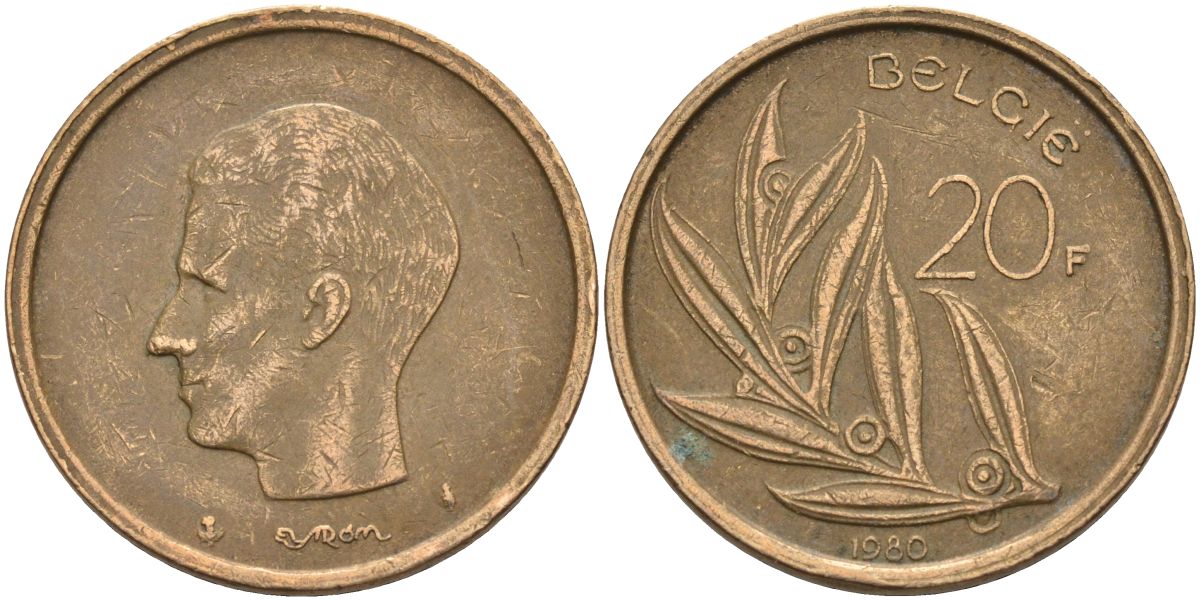 Бельгия 20 франков 1980 Belgie, Бодуэн I (1951-1993) KM 160 никель бронза 4126-224