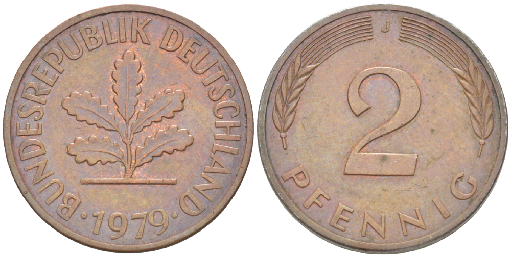 ФРГ 2 ПФЕННИГА 1979 J KM 106а, J. 381а сталь плакированная сталь плакированная медьюю 4181-835