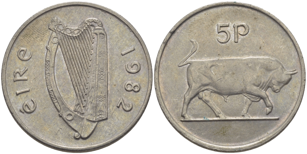 ИРЛАНДИЯ 5 ПЕНСОВ 1982 БЫК KM 22 медно-никель 261-326