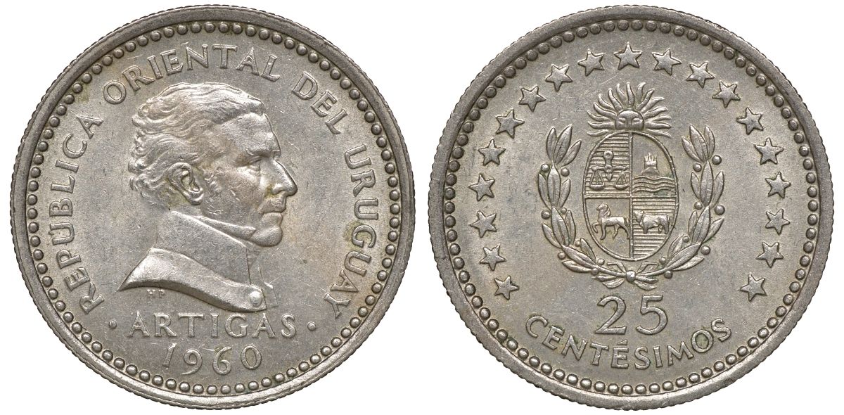 Уругвай 25 сентесимо 1960 KM 40 медно-никель 4169-842