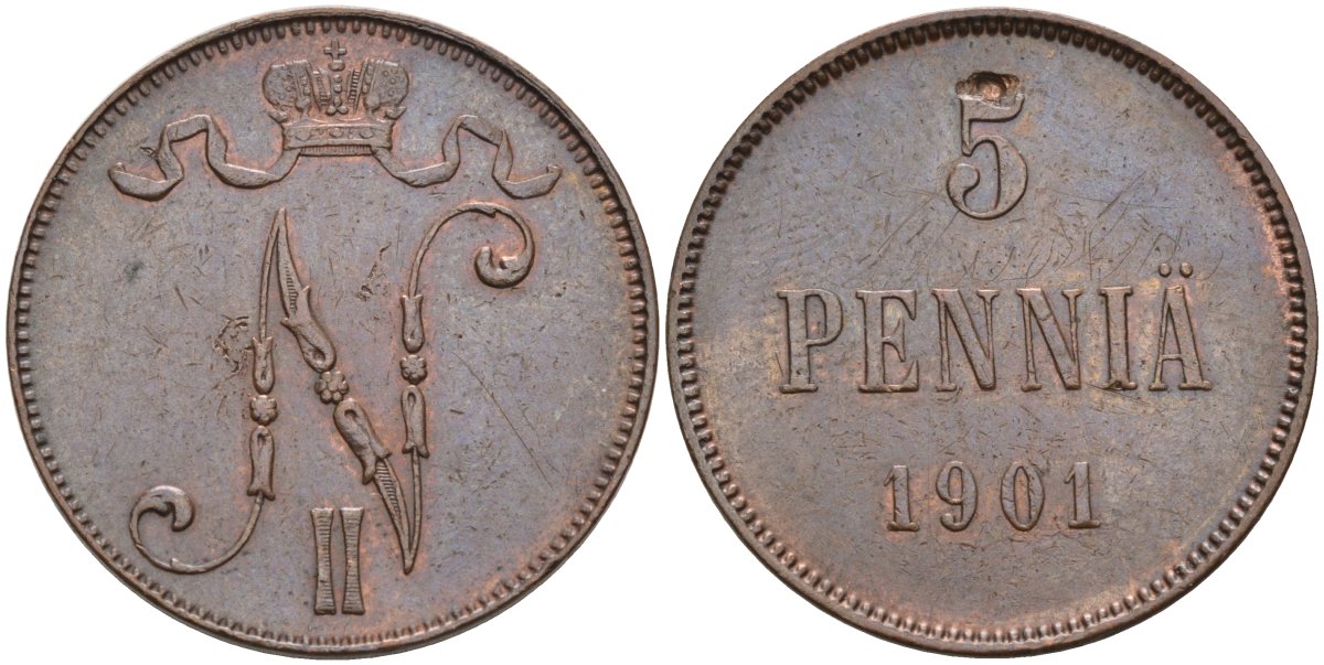 Россия для Финляндии 5 пенни 1901 Николай II (1894-1917), Гельсингфорсский мондвор KM 15, Биткин 445, Конрос 488/15 медь 4591-313
