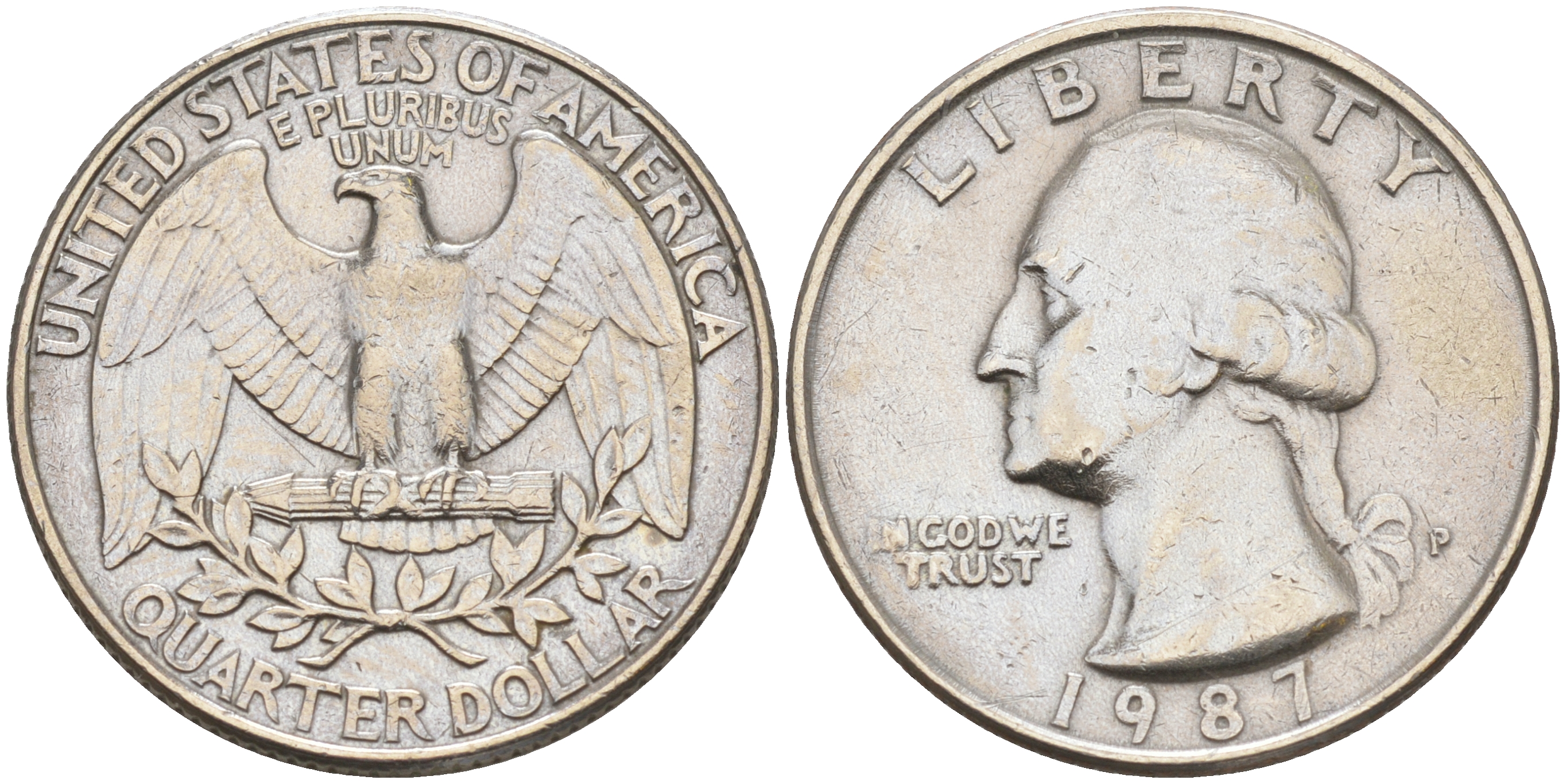 США 25 ЦЕНТОВ = КВОТЕР 1987 P, ВАШИНГТОН KM А164a медь плакированная медно-никелем 190-347