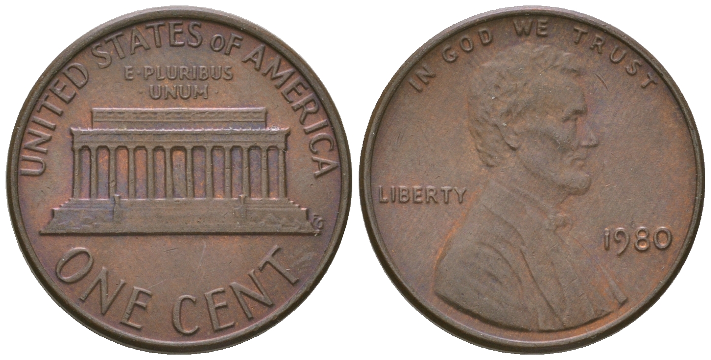 США 1 цент 1980 Авраам Линкольн KM 201 медь цинк 3458-321