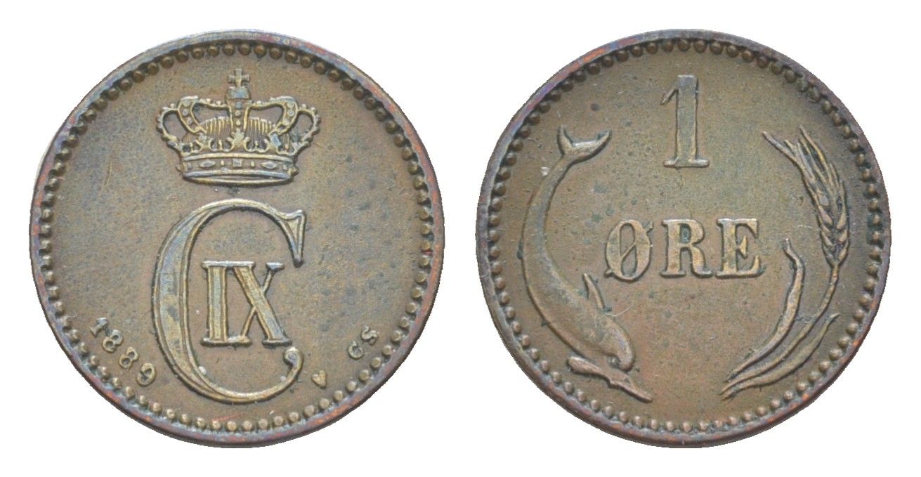 Дания 1 эре 1889 CS, Кристиан IX (1873-1906), дельфин KM 792 бронза 4615-319