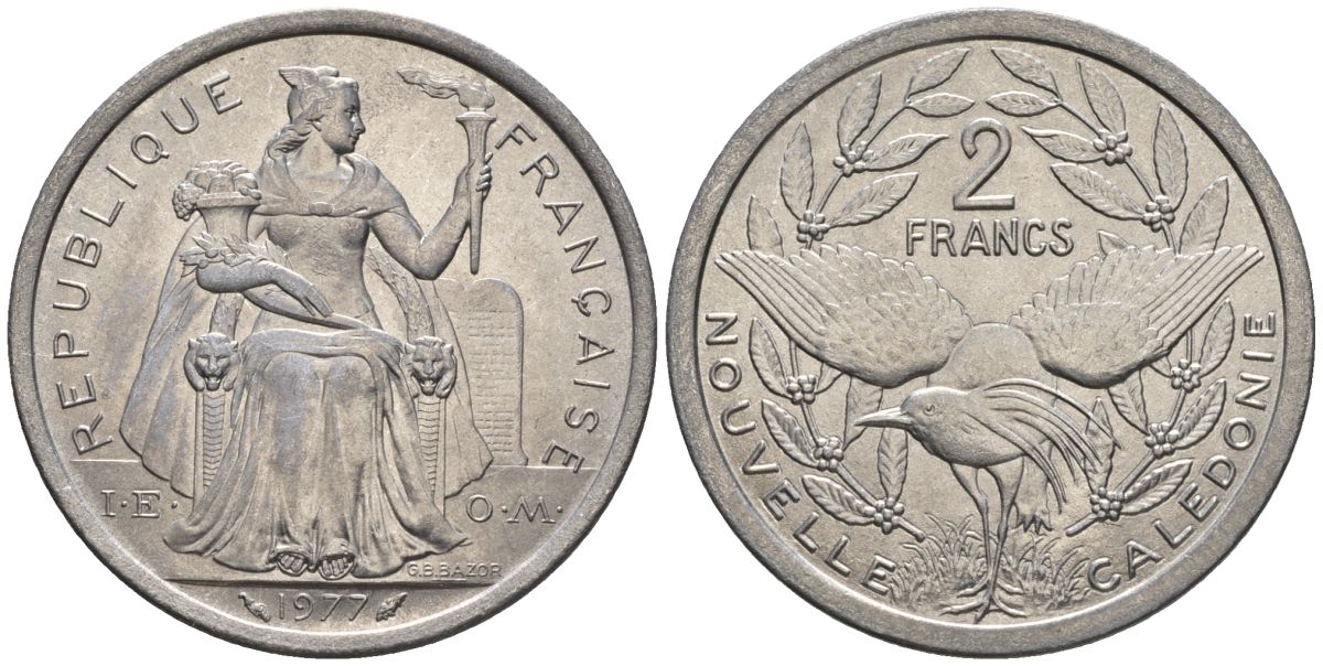 Французская Новая Каледония 2 франка 1977  KM 14 алюминий  UNC  4610-455