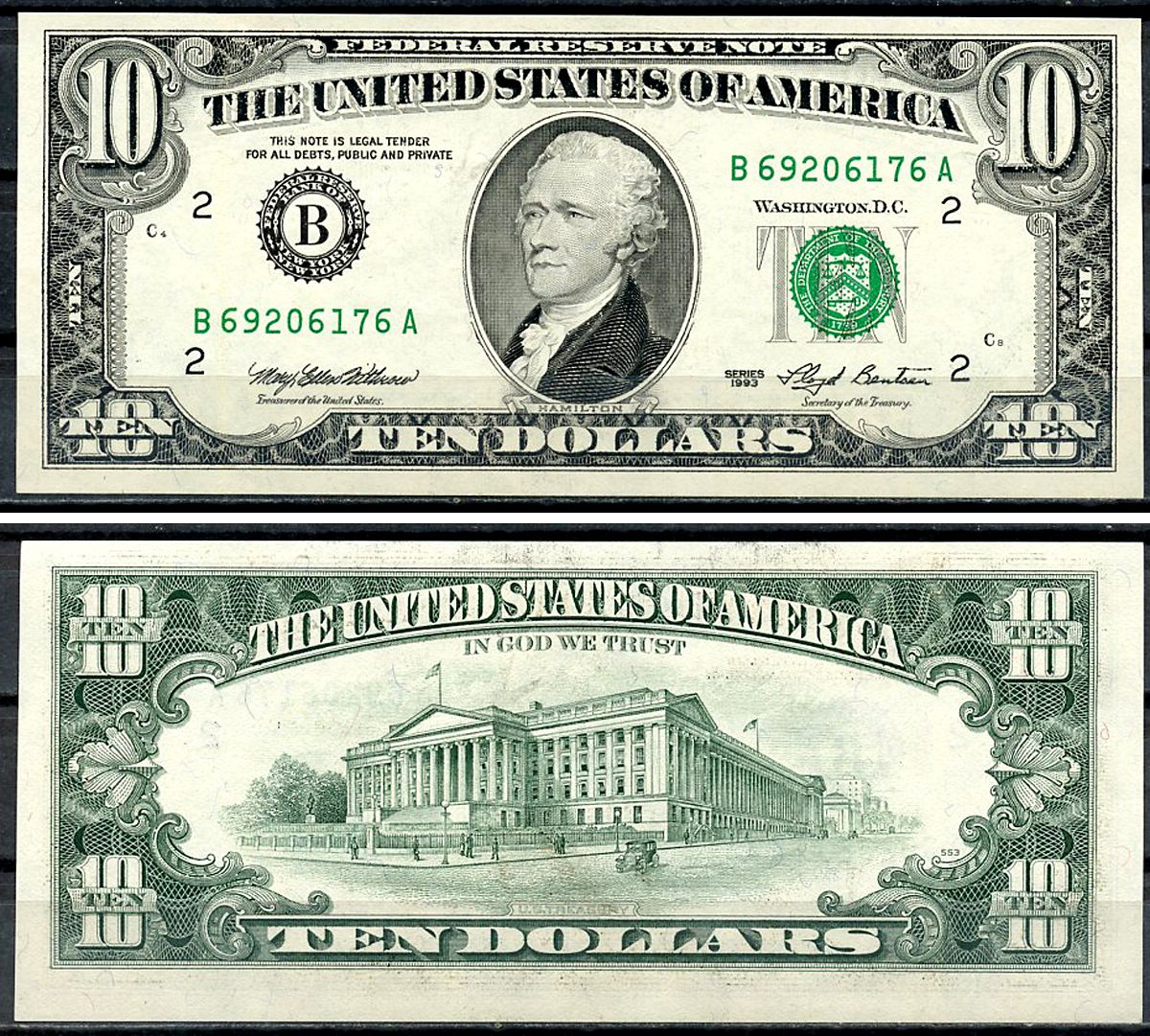 США 10 долларов 1993 B - Нью-Йорк Pick 492 бумага аUNC 6294-25-2-2
