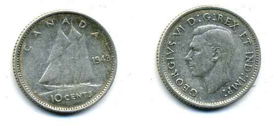 Канада 10 центов 1943 Георг VI (1936-1952), парусник KM 34 серебро 46-1241